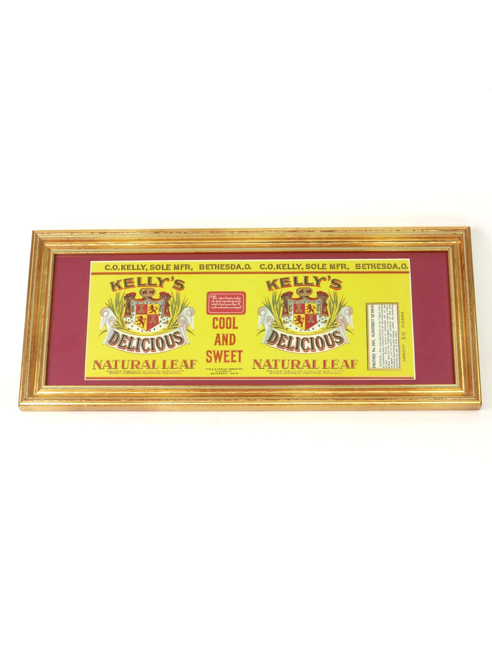 Antique Cigar Box Label Kellys Delicious CO Kelly Tobacco Bethesda OH 19x8 Frame